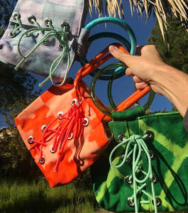 Annabelle p. lee, bag, purse, mini bag, mini, checkered, canvas, denim, artist, Los Angeles, kathleen, vintage, handmade, green