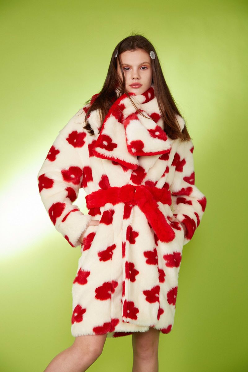 Flower Faux Fur Scarf - Red