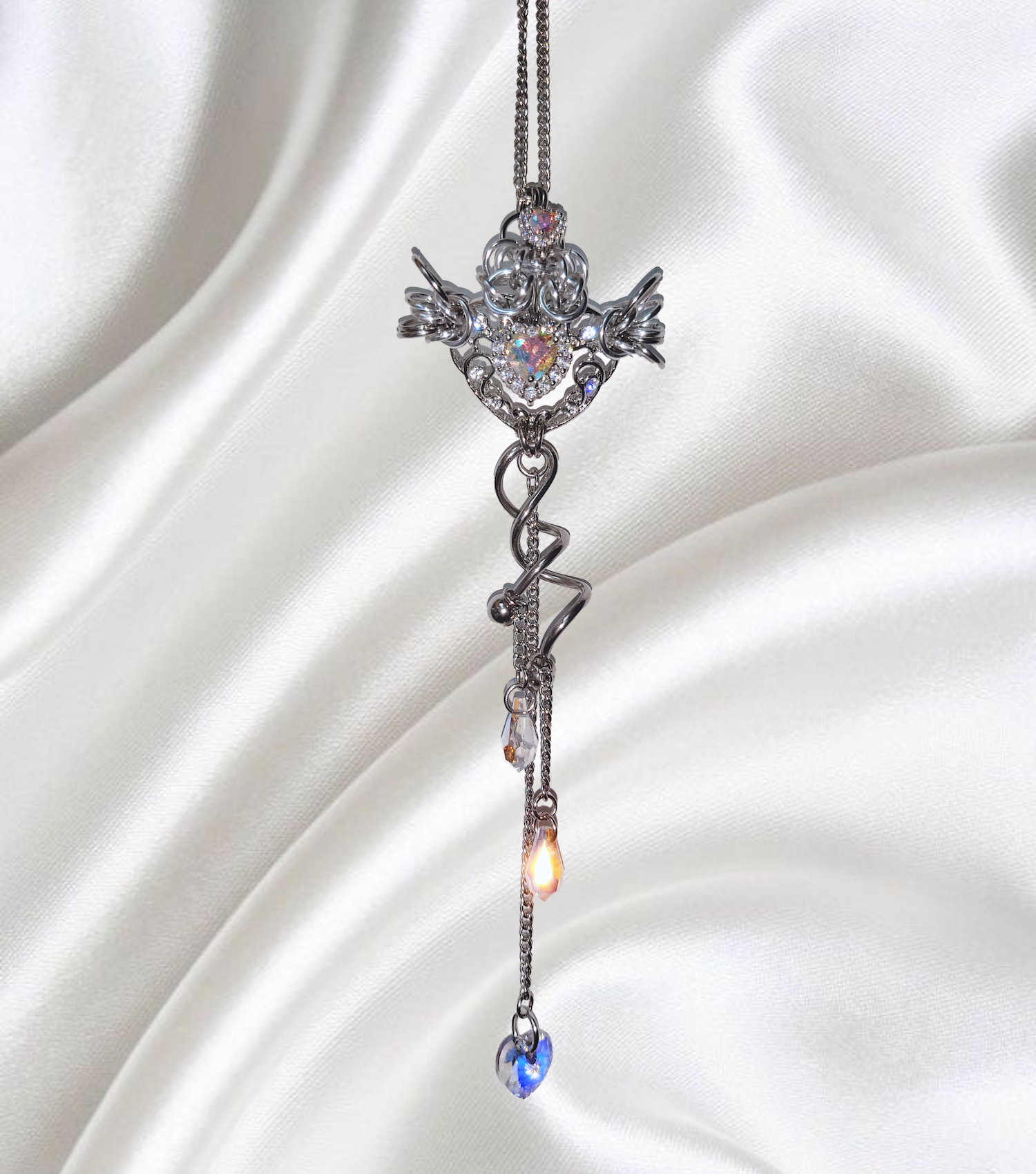 Closet children, necklace, choker, jewelry, made in Singapore, Singapore, handmade, one of a kind, stainless steel, anodized aluminum, titanium, Swarovski, crystal, gem, hoop, pink, purple, aurora lights, Los Angeles, shop Kathleen, Kathleen