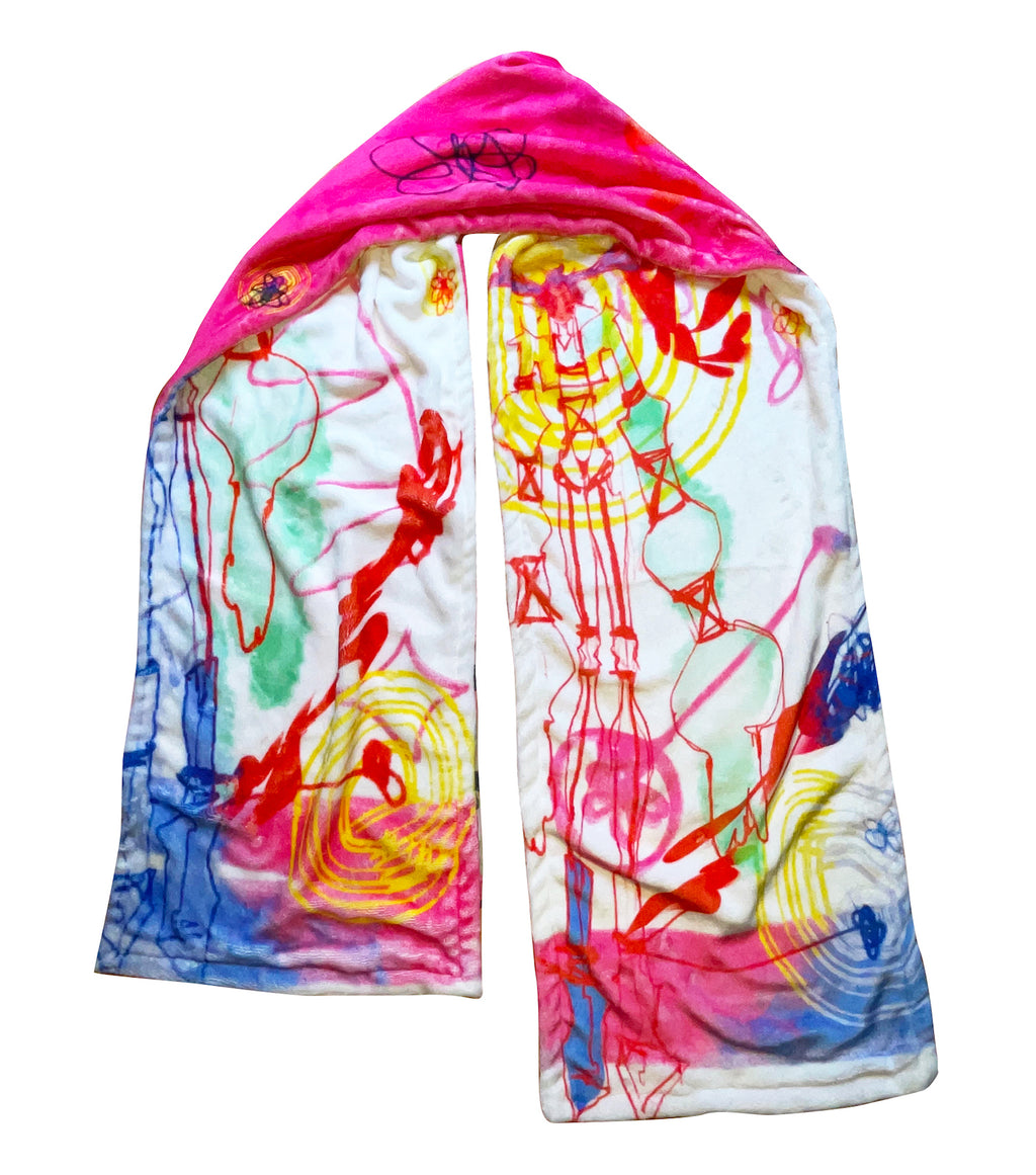  Gabrielle Rosenstein, Elf, printed, Kathleen, Kathleen Los Angeles, Independent Boutique, Independent Artist, Los Angeles Boutique, Independent Designer, Los Angeles Artist, independent fashion, hand drawn, artist scarf, lady scrarf, plush scarf, furry scarf, fuzzy scarf, fairy scarf, alien scarf, drawing scarf, pink scarf, white orange scarf, reversible scarf, swirl scarf, alien scarf, doodle scarf, butterfly scarf, 