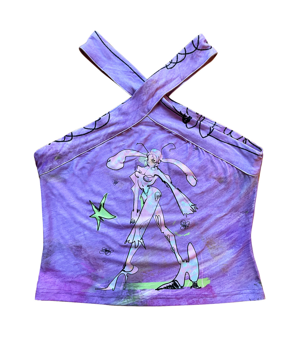 Gabrielle Rosenstein, Elf, printed, Kathleen, Kathleen Los Angeles, Independent Boutique, Independent Artist, Los Angeles Boutique, Independent Designer, Los Angeles Artist, independent fashion, hand drawn, artist tank top, lady top, velour top, criss cross tank, purple tank, fuzzy tank, star tank, shoe tank, fairy tank top, elf tank top, illustrated top, bunny lady, alien lady top