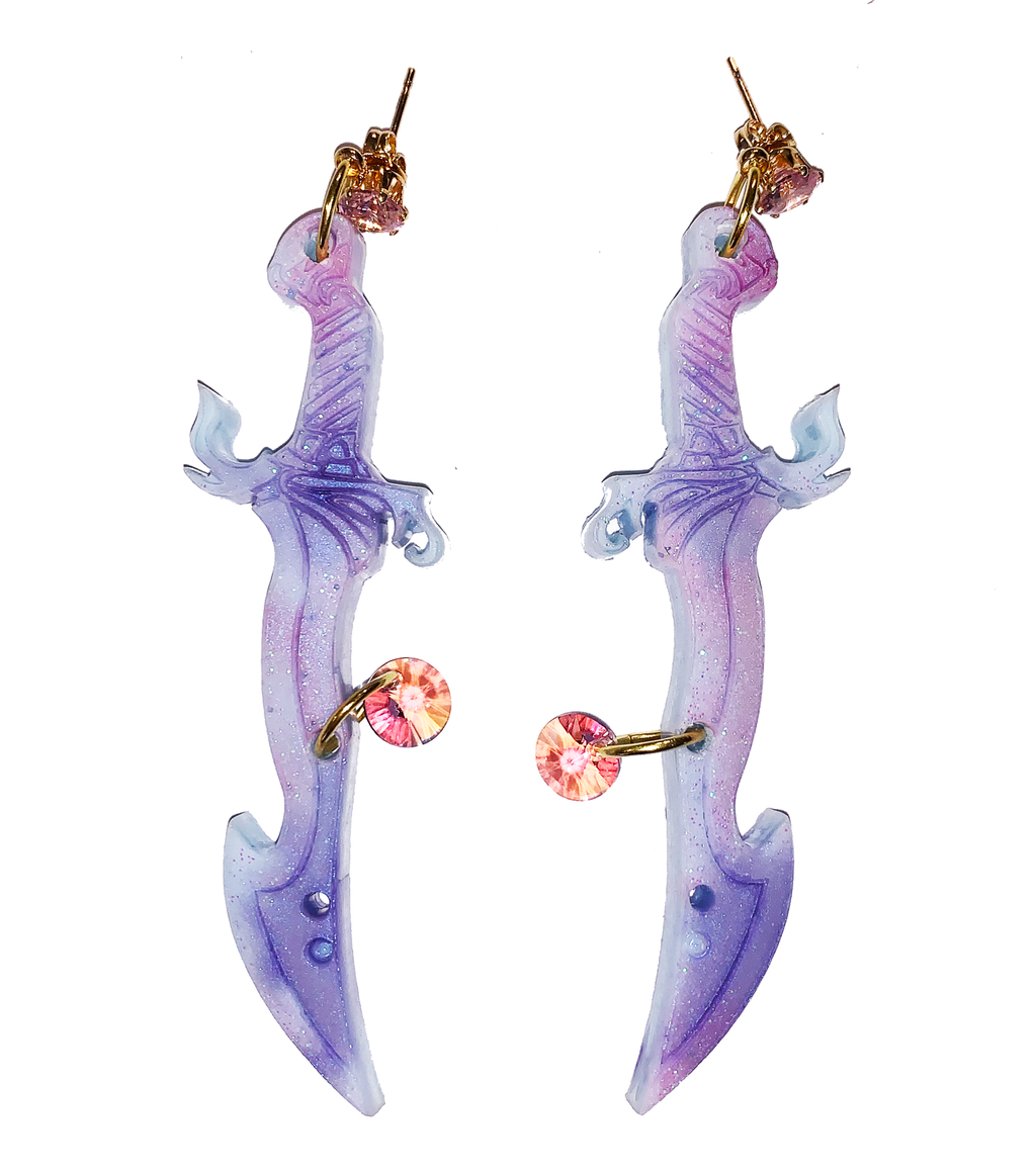 earrings, emma pryde, Madison artist, handmade, dagger, sword, shop kathleen, kathleen, los angeles, handmade, crystal, lasercut, cz, Swarovski, kathleen los angeles, shop kathleen, kathleen la, crystal earrings, emma pryde earrings, emma pryde necklaces, jewel earrings, anime earrings, video game earrings, scimitar earrings, small business, hand cast resin earrings, glitter earrings