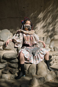 JRAT, Janelle R abbott, Upcycle, Sustainable, Kathleen, Shop Kathleen, Boutique, Los Angeles, One of a Kind, Dress, Ruffle Dress, Frilly Dress, Cottage Dress, shorts, blouse, recycled clothing, hand painted, small business, clown clothing, multipattern, dress, patchwork clothing, no country for old clowns, Kathleen Los Angeles, Independent boutique, independent fashion, made in Seattle, handmade, mask, ruffle mask, bow mask, bow clothing, prairie dress, ruffle shorts, bloomers, cargo shorts