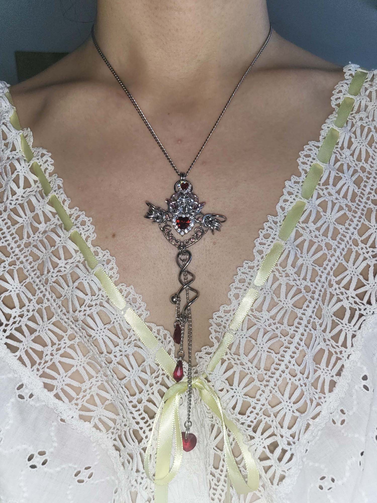 Closet children, necklace, choker, jewelry, made in Singapore, Singapore, handmade, one of a kind, stainless steel, anodized aluminum, titanium, Swarovski, crystal, gem, hoop, pink, purple, aurora lights, Los Angeles, shop Kathleen, Kathleen