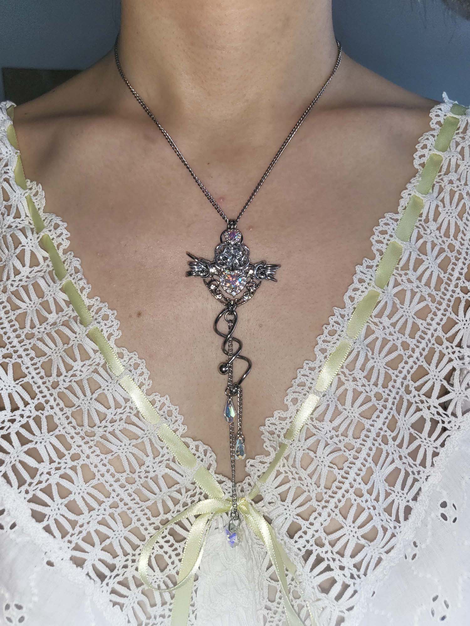 Closet children, necklace, choker, jewelry, made in Singapore, Singapore, handmade, one of a kind, stainless steel, anodized aluminum, titanium, Swarovski, crystal, gem, hoop, pink, purple, aurora lights, Los Angeles, shop Kathleen, Kathleen