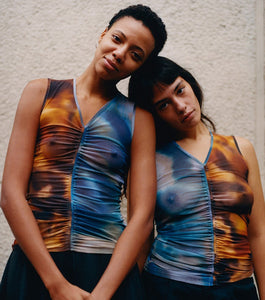 lisa danbi park, kathleen, kathleen los angeles, made in los angeles, handmade, indented designer, independent fashion, independent jewelry, indented boutique, mesh top, two tone top, scrunched top, ruched top, sleeveless top, friendship top, sheer top