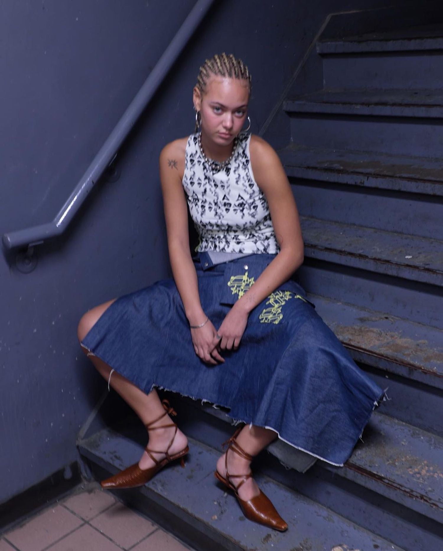delicate porcelain, kathleen, shop kathleen, rave skirt, jnco skirt, 90s skirt, denim skirt, shredded skirt, trumpet skirt, raw denim, independent designer, small batch fashion, nyc designer