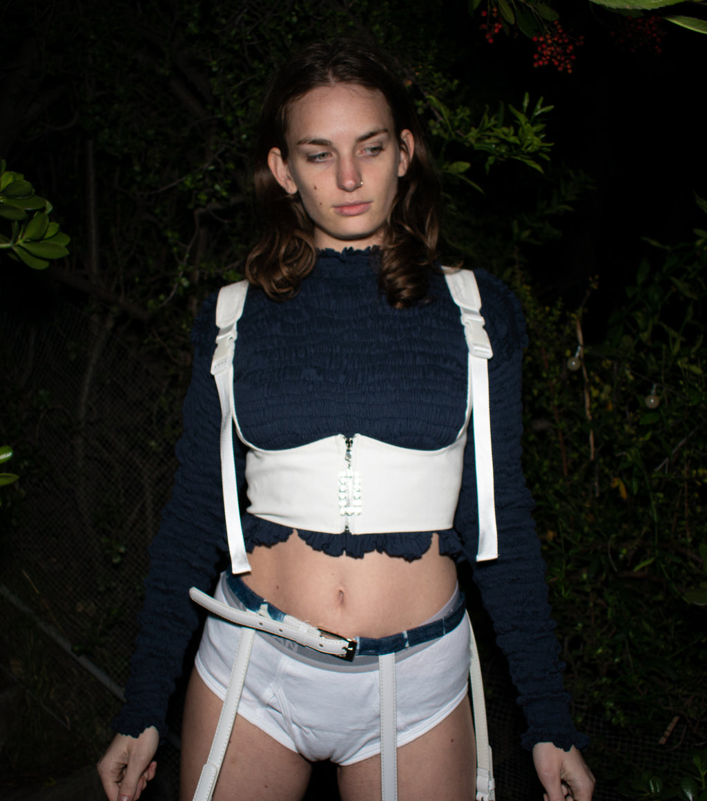 yulia kjellsson, dark blue elastic top, elastic, top, kathleen, shop kathleen, los angeles  Edit alt text