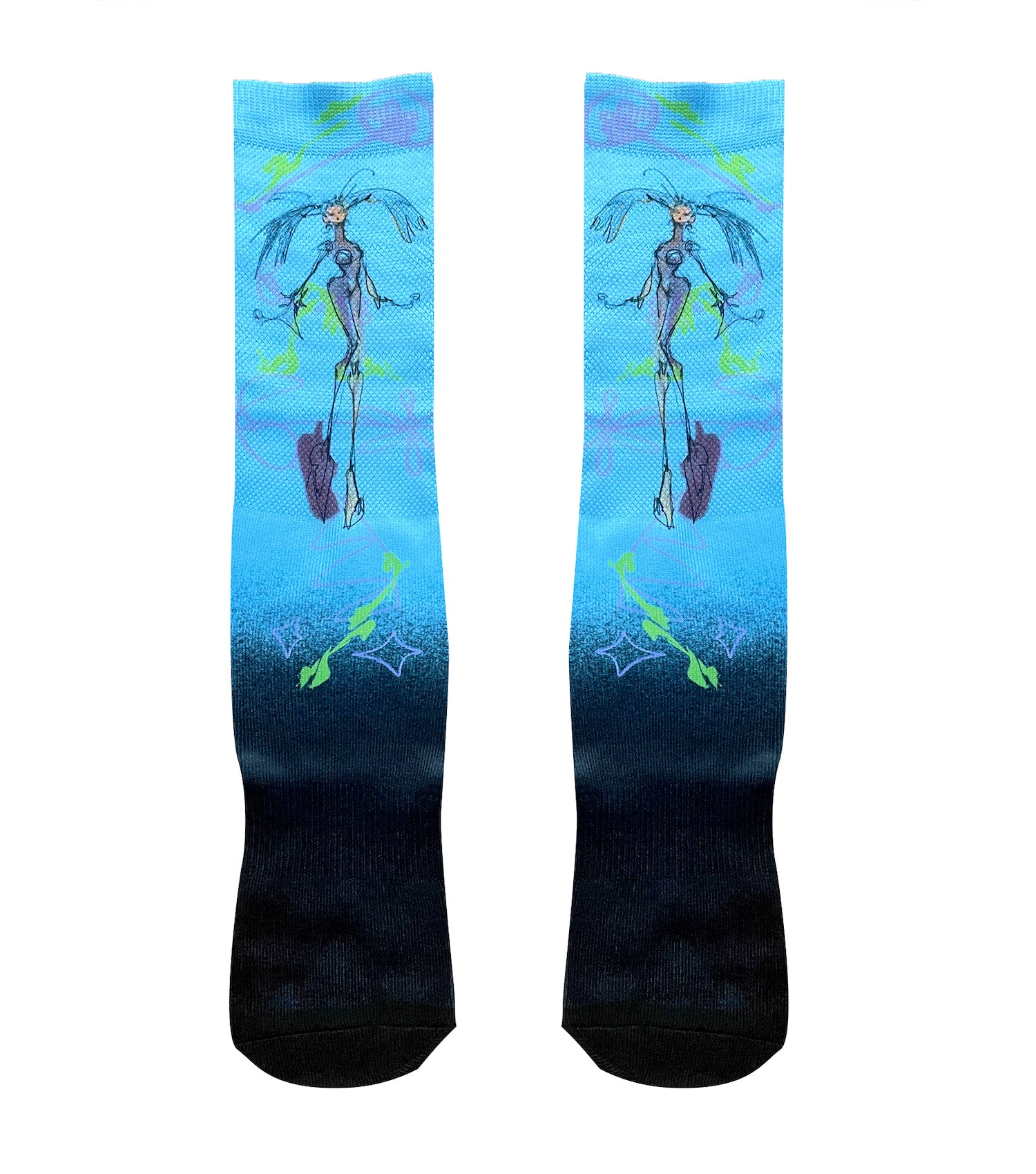 Gabrielle Rosenstein, Elf, printed, Kathleen, Kathleen Los Angeles, Independent Boutique, Independent Artist, Los Angeles Boutique, Independent Designer, Los Angeles Artist, independent fashion, hand drawn, artist socks, lady socks, fairy socks, alien lady socks, crew cocks, printed socks, art socks, drawing sock, anime socks, colorful socks, unisex socks, blue green socks, heart socks