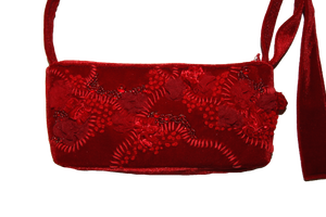 Matilda Aberg, Mini Bag, 90s Handbag, Sustainable Designer, Independent Designer, Stockholm Designer, Independent Fashion, Kathleen, Shop Kathleen, Kathleen Los Angeles, Los Angeles Boutique, Independent Boutique, Crushed Velvet Bag, Red Handbag, Embroidered Bag, Beaded Bag, Beaded Flowers, Floral Handbag, Flower Handbag, Mini Bag, Recycled Fabric, Upcycled