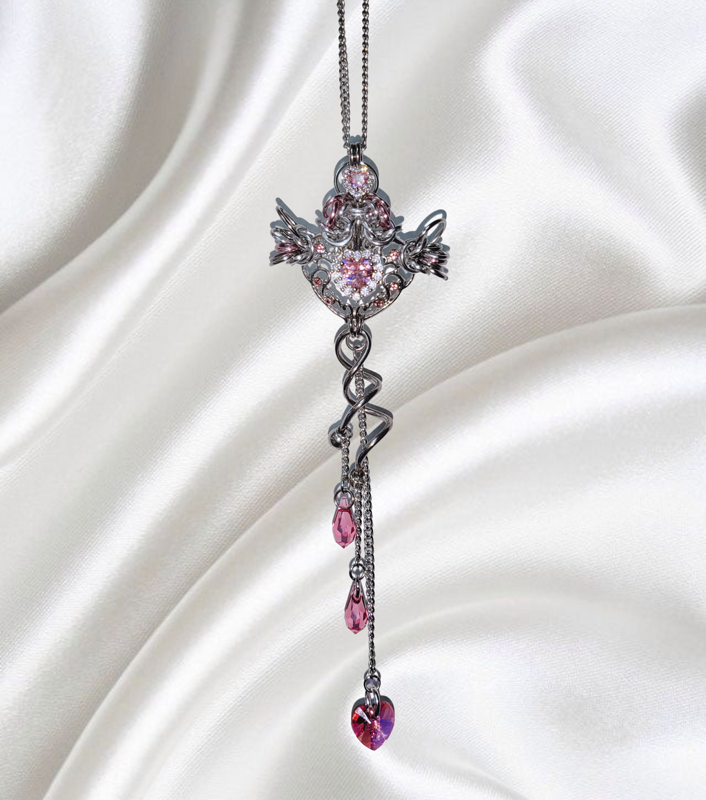 Closet children, necklace, choker, jewelry, made in Singapore, Singapore, handmade, one of a kind, stainless steel, anodized aluminum, titanium, Swarovski, crystal, gem, hoop, pink, purple, aurora lights, Los Angeles, shop Kathleen, Kathleen