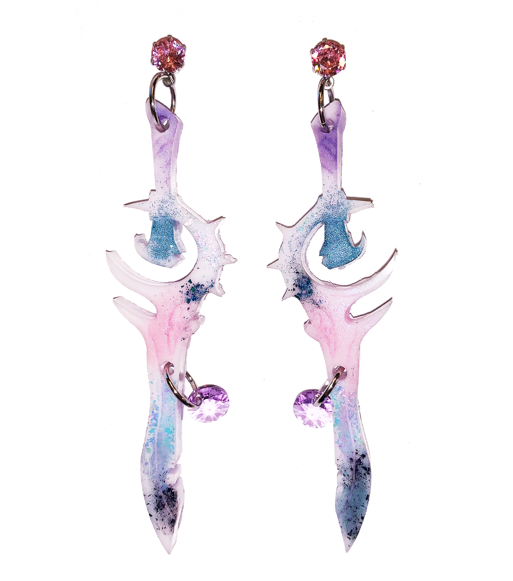 earrings, emma pryde, Madison artist, handmade, dagger, sword, shop kathleen, kathleen, los angeles, handmade, crystal, lasercut, cz, Swarovski, kathleen los angeles, shop kathleen, kathleen la, crystal earrings, emma pryde earrings, emma pryde necklaces, jewel earrings, anime earrings, video game earrings, scimitar earrings, small business, hand cast resin earrings, glitter earrings