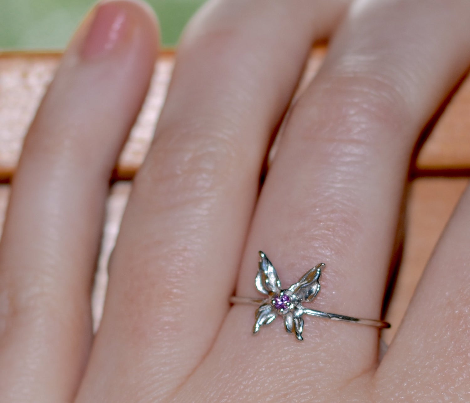 Loneru, Lonerü, sterling silver ring, butterfly jewelry, vermont jewelry, sterling silver butterfly ring, kathleen, kathleen los angeles, independent boutique, independent artist, independent designer, handmade jewelry, los angeles boutique, butterfly ring, silver ring, butterflies ring, pixie ring, pink saphire 