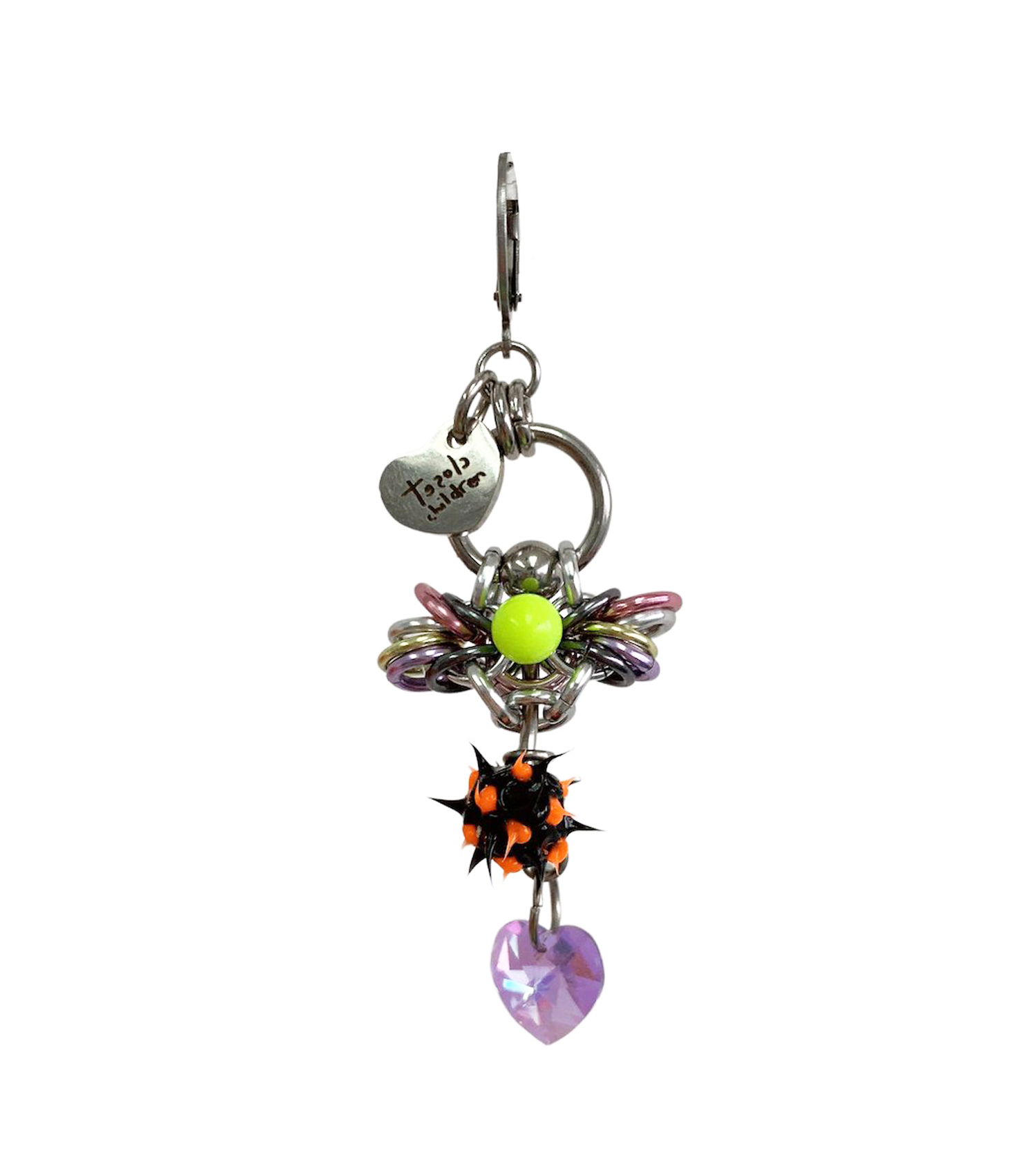 Closet children, earring, earrings, jewelry, made in Singapore, Singapore, handmade, one of a kind, stainless steel, anodized aluminum, titanium, Swarovski, crystal, gem, hoop, pink, purple, aurora lights, Los Angeles, shop Kathleen, Kathleen, spikey earring