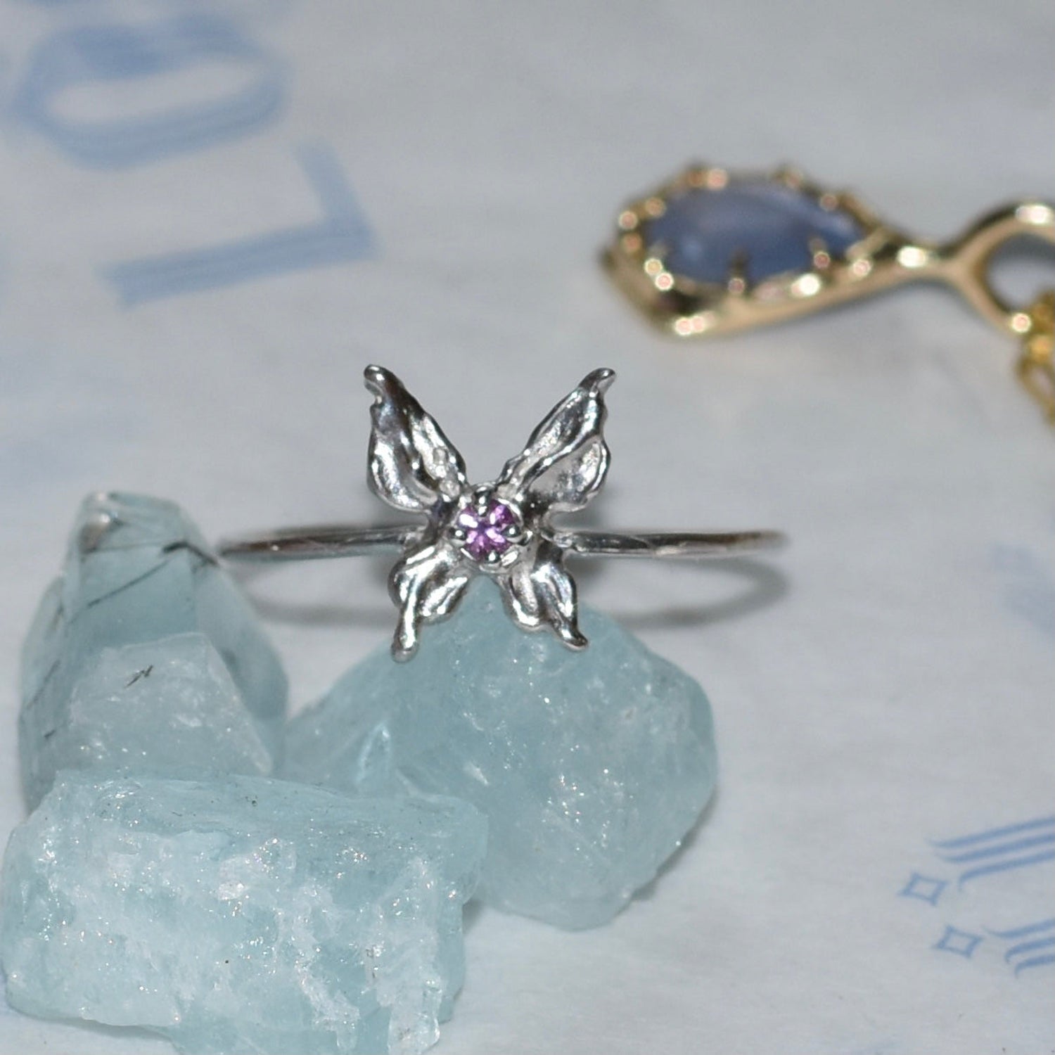 Loneru, Lonerü, sterling silver ring, butterfly jewelry, vermont jewelry, sterling silver butterfly ring, kathleen, kathleen los angeles, independent boutique, independent artist, independent designer, handmade jewelry, los angeles boutique, butterfly ring, silver ring, butterflies ring, pixie ring, pink saphire 
