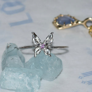 Loneru, Lonerü, sterling silver ring, butterfly jewelry, vermont jewelry, sterling silver butterfly ring, kathleen, kathleen los angeles, independent boutique, independent artist, independent designer, handmade jewelry, los angeles boutique, butterfly ring, silver ring, butterflies ring, pixie ring, pink saphire 