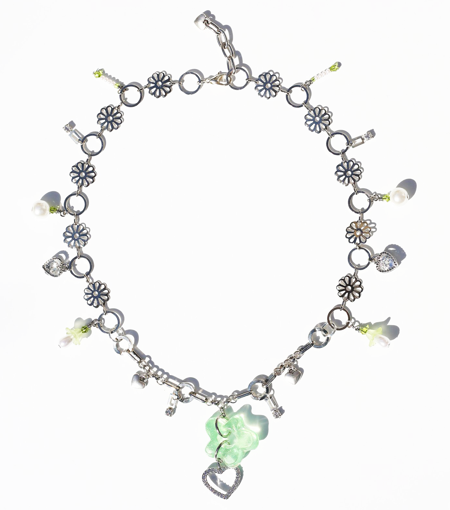 Joey Shares, Resin necklace, Handmade, Los Angeles, Kathleen, Shop Kathleen, resin, beads, vintage, charms, y2k, choker, flowers, stainless steel, one of a kind, cubic zirconia