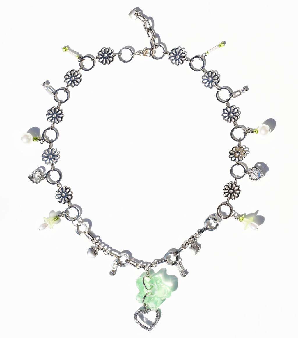 Joey Shares, Resin necklace, Handmade, Los Angeles, Kathleen, Shop Kathleen, resin, beads, vintage, charms, y2k, choker, flowers, stainless steel, one of a kind, cubic zirconia