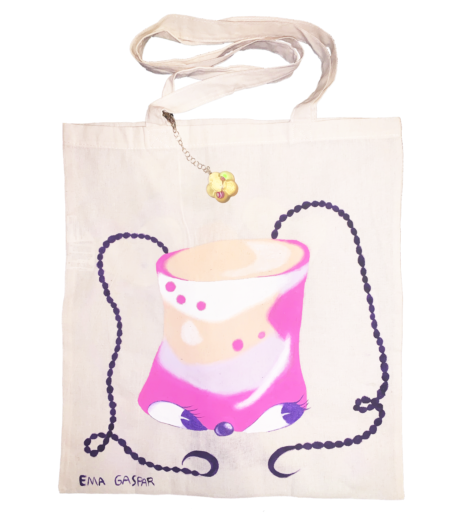 Ema Gaspar, Ema G B, hand painted tote, one of a kind, independent artist, independent designer, resin keychain, heart keychain, kathleen, kathleen los angeles, shop kathleen, independent boutique, indie boutique, tote bag, cotton tote, cartoon tote, pierced keychain, tie dye tote, hand dyed