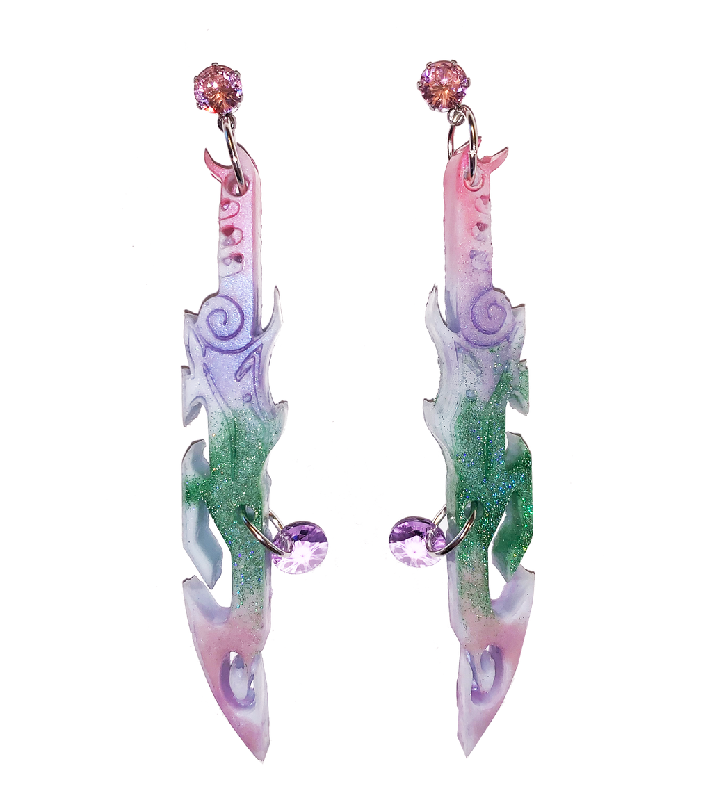 earrings, emma pryde, Madison artist, handmade, dagger, sword, shop kathleen, kathleen, los angeles, handmade, crystal, lasercut, cz, Swarovski, kathleen los angeles, shop kathleen, kathleen la, crystal earrings, emma pryde earrings, emma pryde necklaces, jewel earrings, anime earrings, video game earrings, scimitar earrings, small business, hand cast resin earrings, glitter earrings