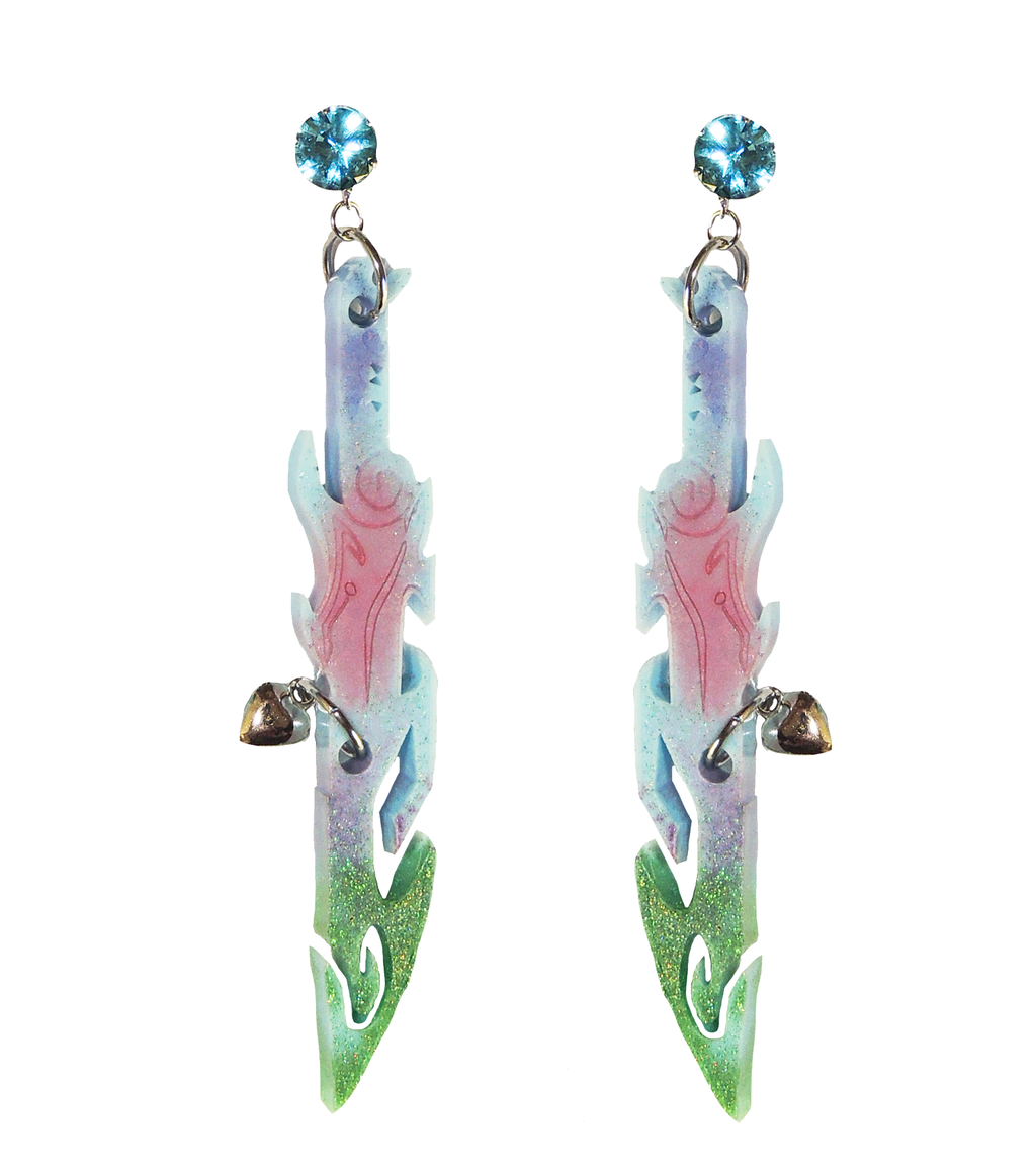 earrings, emma pryde, Madison artist, handmade, dagger, sword, shop kathleen, kathleen, los angeles, handmade, crystal, lasercut, cz, Swarovski, kathleen los angeles, shop kathleen, kathleen la, crystal earrings, emma pryde earrings, emma pryde necklaces, jewel earrings, anime earrings, video game earrings, scimitar earrings, small business, hand cast resin earrings, glitter earrings