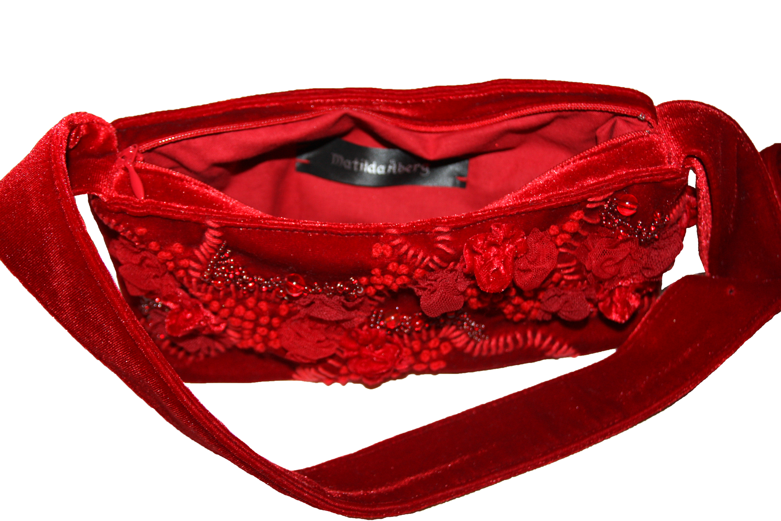Matilda Aberg, Mini Bag, 90s Handbag, Sustainable Designer, Independent Designer, Stockholm Designer, Independent Fashion, Kathleen, Shop Kathleen, Kathleen Los Angeles, Los Angeles Boutique, Independent Boutique, Crushed Velvet Bag, Red Handbag, Embroidered Bag, Beaded Bag, Beaded Flowers, Floral Handbag, Flower Handbag, Mini Bag, Recycled Fabric, Upcycled