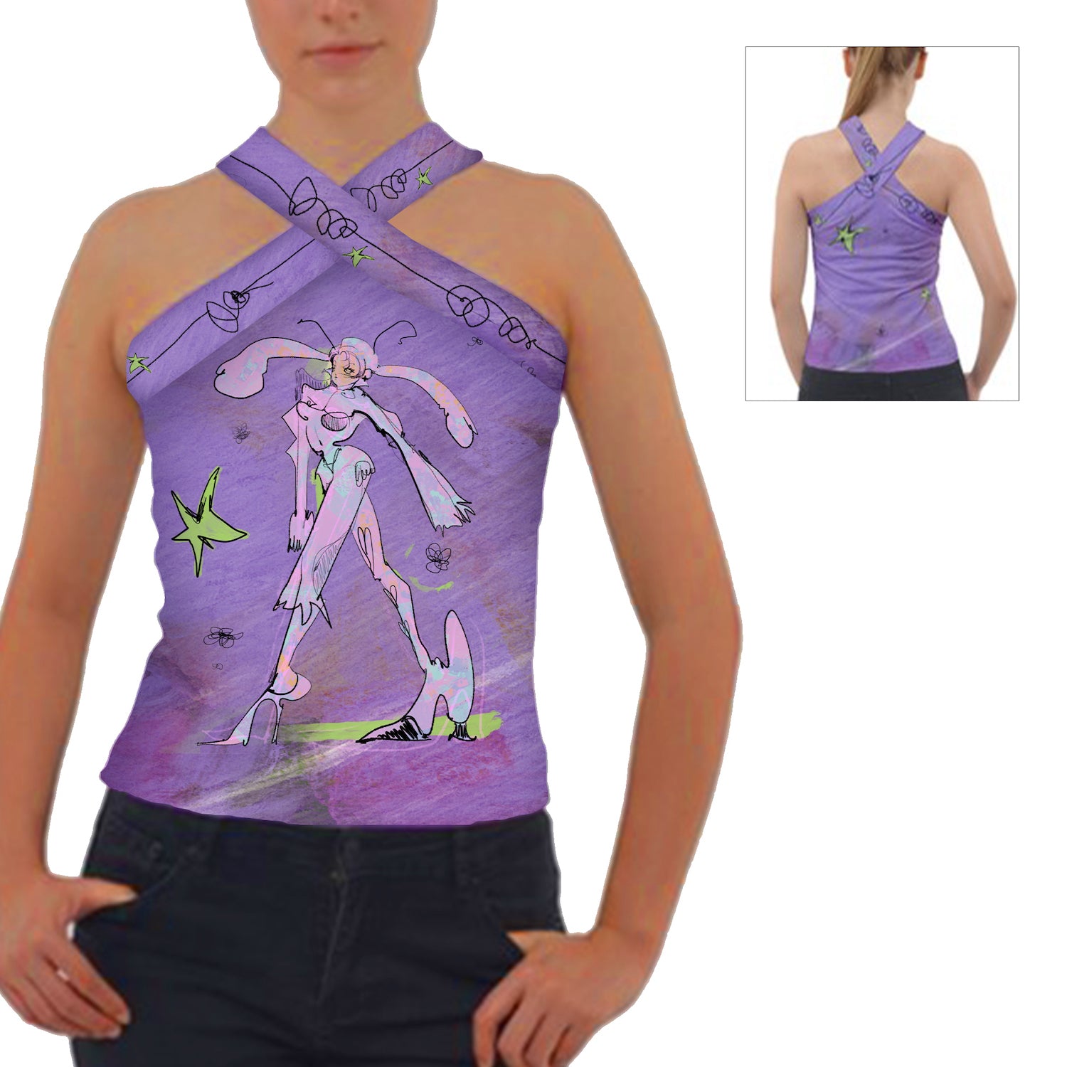 Gabrielle Rosenstein, Elf, printed, Kathleen, Kathleen Los Angeles, Independent Boutique, Independent Artist, Los Angeles Boutique, Independent Designer, Los Angeles Artist, independent fashion, hand drawn, artist tank top, lady top, velour top, criss cross tank, purple tank, fuzzy tank, star tank, shoe tank, fairy tank top, elf tank top, illustrated top