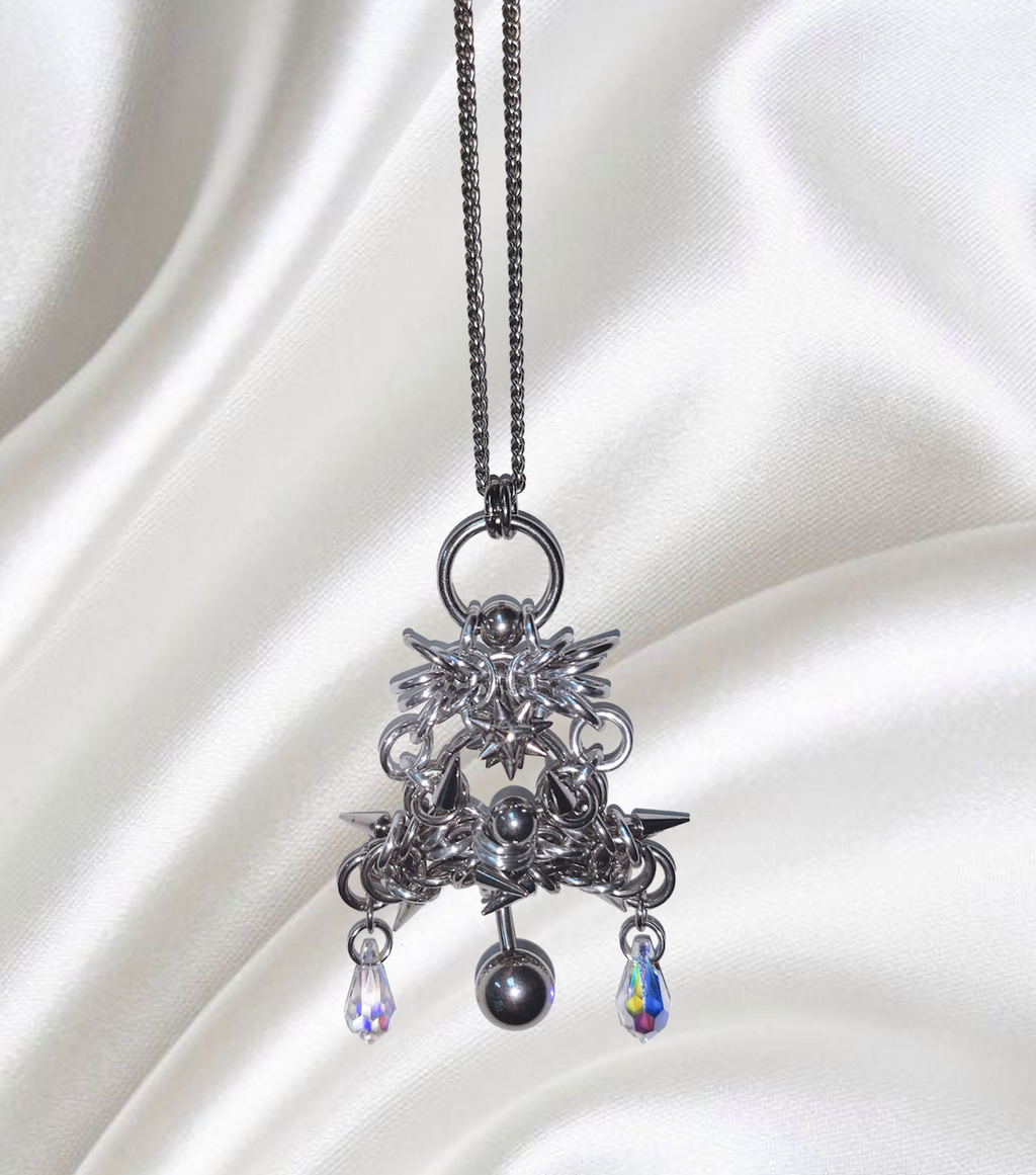 Closet children, necklace, choker, jewelry, made in Singapore, Singapore, handmade, one of a kind, stainless steel, anodized aluminum, titanium, Swarovski, crystal, gem, hoop, pink, purple, aurora lights, Los Angeles, shop Kathleen, Kathleen