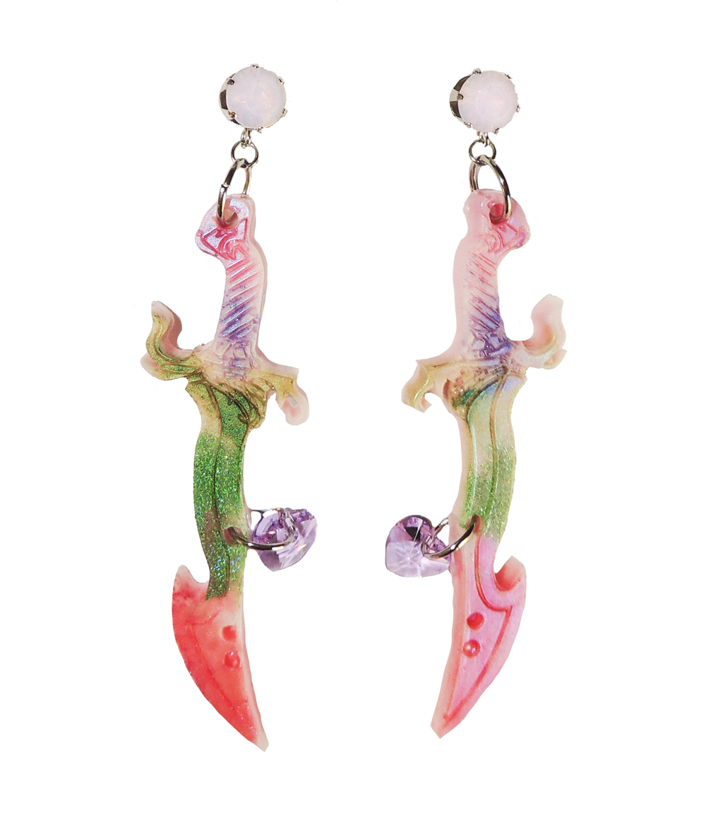 earrings, emma pryde, Madison artist, handmade, dagger, sword, shop kathleen, kathleen, los angeles, handmade, crystal, lasercut, cz, Swarovski, kathleen los angeles, shop kathleen, kathleen la, crystal earrings, emma pryde earrings, emma pryde necklaces, jewel earrings, anime earrings, video game earrings, scimitar earrings, small business, hand cast resin earrings, glitter earrings