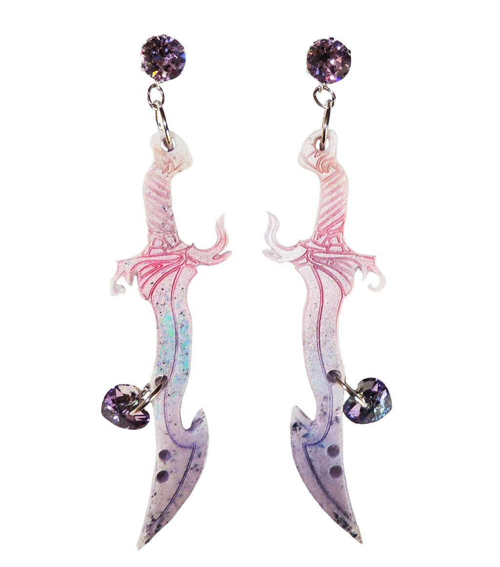 earrings, emma pryde, Madison artist, handmade, dagger, sword, shop kathleen, kathleen, los angeles, handmade, crystal, lasercut, cz, Swarovski, kathleen los angeles, shop kathleen, kathleen la, crystal earrings, emma pryde earrings, emma pryde necklaces, jewel earrings, anime earrings, video game earrings, scimitar earrings, small business, hand cast resin earrings, glitter earrings