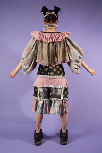 JRAT, Janelle R abbott, Upcycle, Sustainable, Kathleen, Shop Kathleen, Boutique, Los Angeles, One of a Kind, Dress, Ruffle Dress, Frilly Dress, Cottage Dress, shorts, blouse, recycled clothing, hand painted, small business, clown clothing, multipattern, dress, patchwork clothing, no country for old clowns, Kathleen Los Angeles, Independent boutique, independent fashion, made in Seattle, handmade, mask, ruffle mask, bow mask, bow clothing, prairie dress, ruffle shorts, bloomers, cargo shorts
