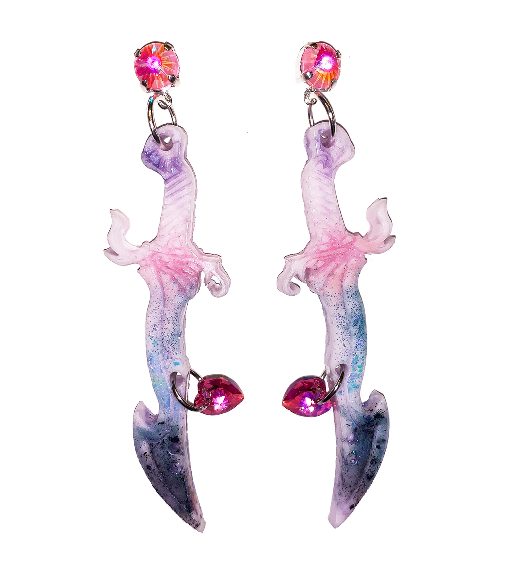 earrings, emma pryde, Madison artist, handmade, dagger, sword, shop kathleen, kathleen, los angeles, handmade, crystal, lasercut, cz, Swarovski, kathleen los angeles, shop kathleen, kathleen la, crystal earrings, emma pryde earrings, emma pryde necklaces, jewel earrings, anime earrings, video game earrings, scimitar earrings, small business, hand cast resin earrings, glitter earrings