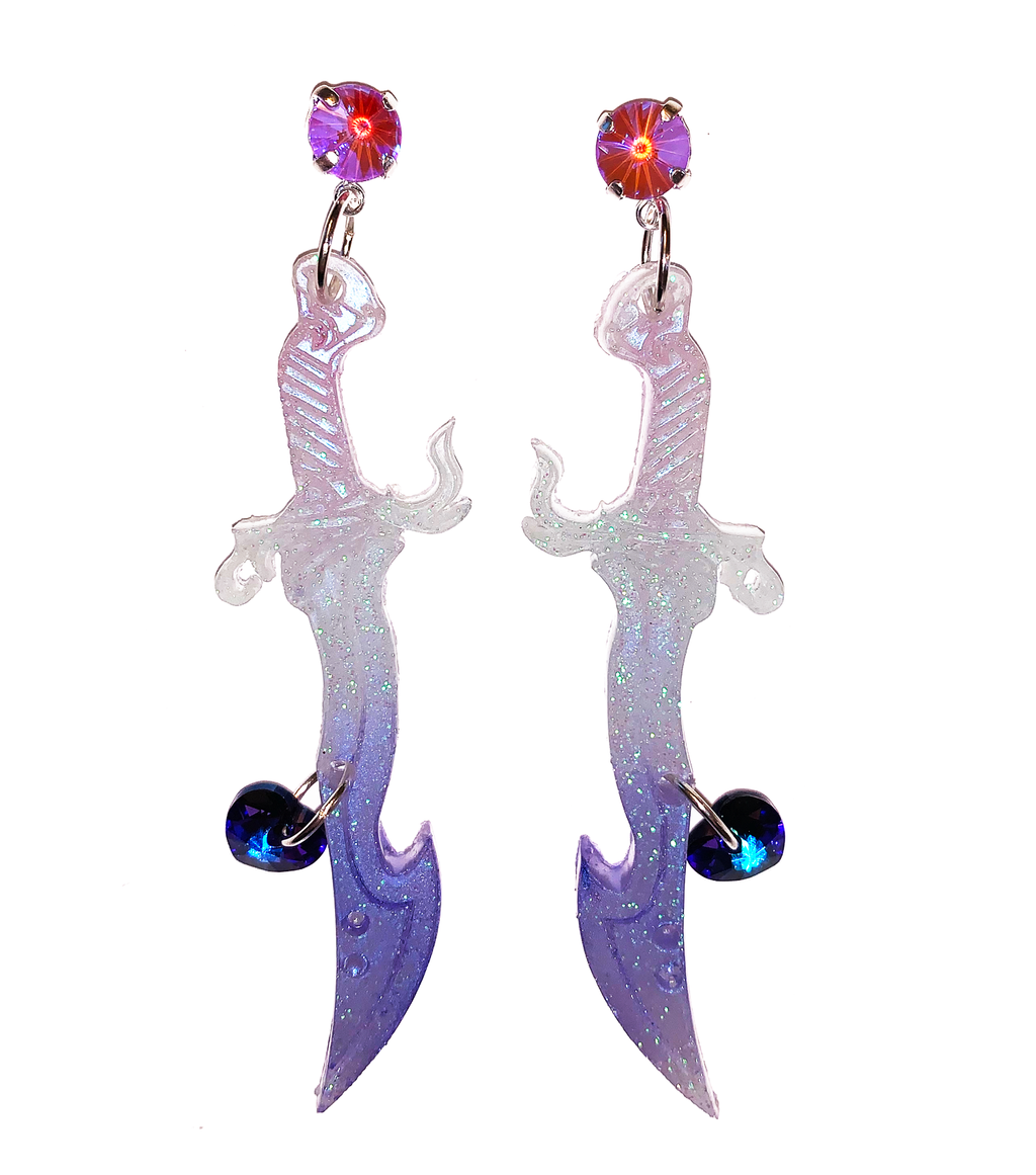 earrings, emma pryde, Madison artist, handmade, dagger, sword, shop kathleen, kathleen, los angeles, handmade, crystal, lasercut, cz, Swarovski, kathleen los angeles, shop kathleen, kathleen la, crystal earrings, emma pryde earrings, emma pryde necklaces, jewel earrings, anime earrings, video game earrings, scimitar earrings, small business, hand cast resin earrings, glitter earrings