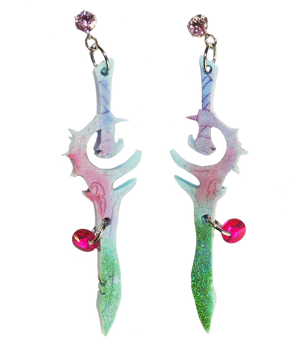 earrings, emma pryde, Madison artist, handmade, dagger, sword, shop kathleen, kathleen, los angeles, handmade, crystal, lasercut, cz, Swarovski, kathleen los angeles, shop kathleen, kathleen la, crystal earrings, emma pryde earrings, emma pryde necklaces, jewel earrings, anime earrings, video game earrings, scimitar earrings, small business, hand cast resin earrings, glitter earrings