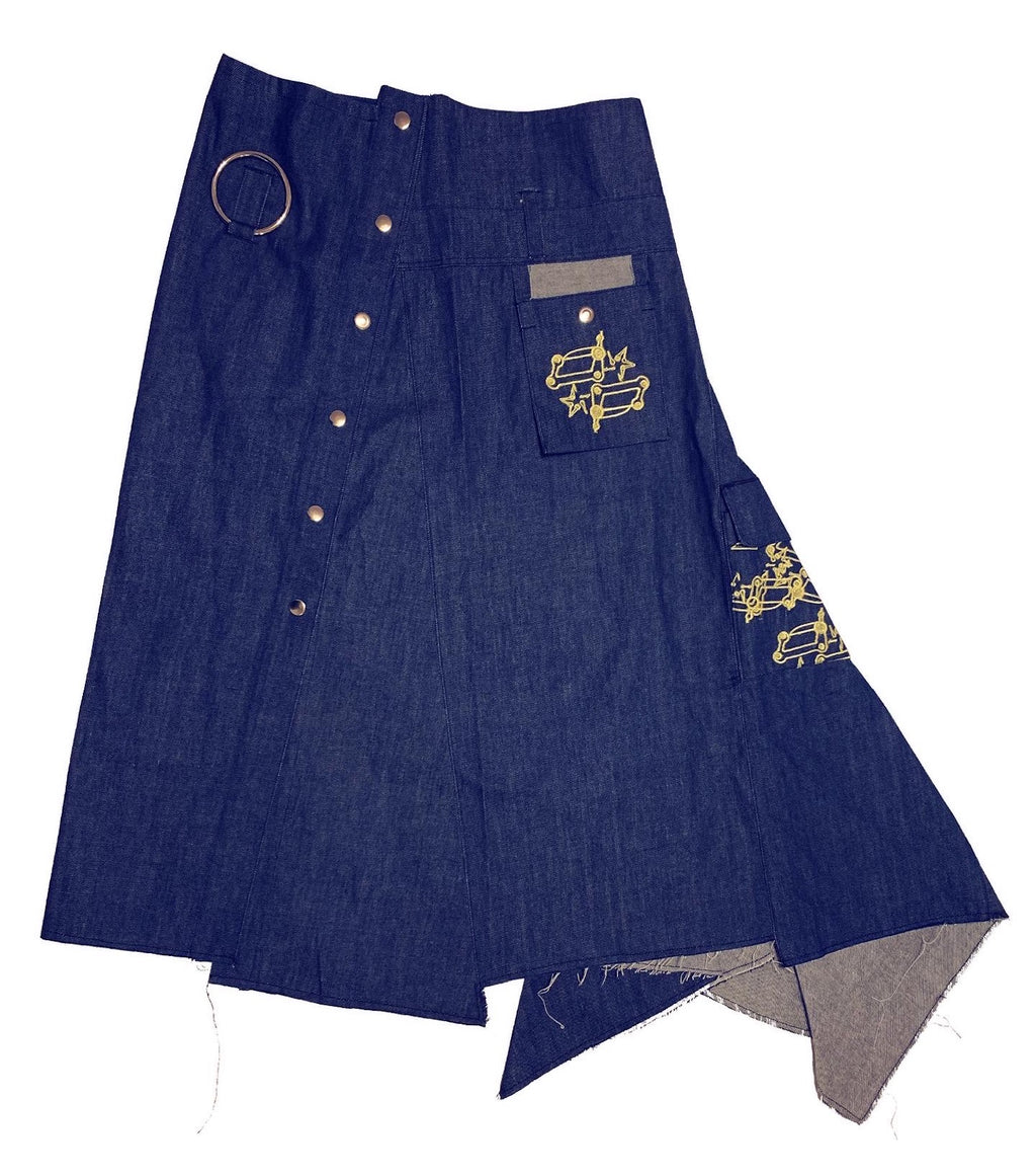 delicate porcelain, kathleen, shop kathleen, rave skirt, jnco skirt, 90s skirt, denim skirt, shredded skirt, trumpet skirt, raw denim, independent designer, small batch fashion, nyc designer