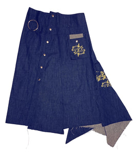 delicate porcelain, kathleen, shop kathleen, rave skirt, jnco skirt, 90s skirt, denim skirt, shredded skirt, trumpet skirt, raw denim, independent designer, small batch fashion, nyc designer