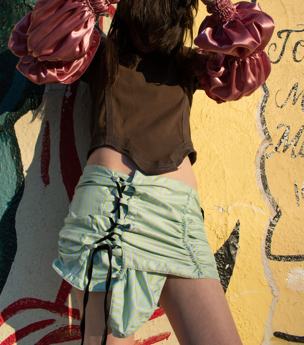 Ruched mini skirt, lace-up, corset, Karla Laidlaw, karlalaidlaw, Kathleen, Shop Kathleen