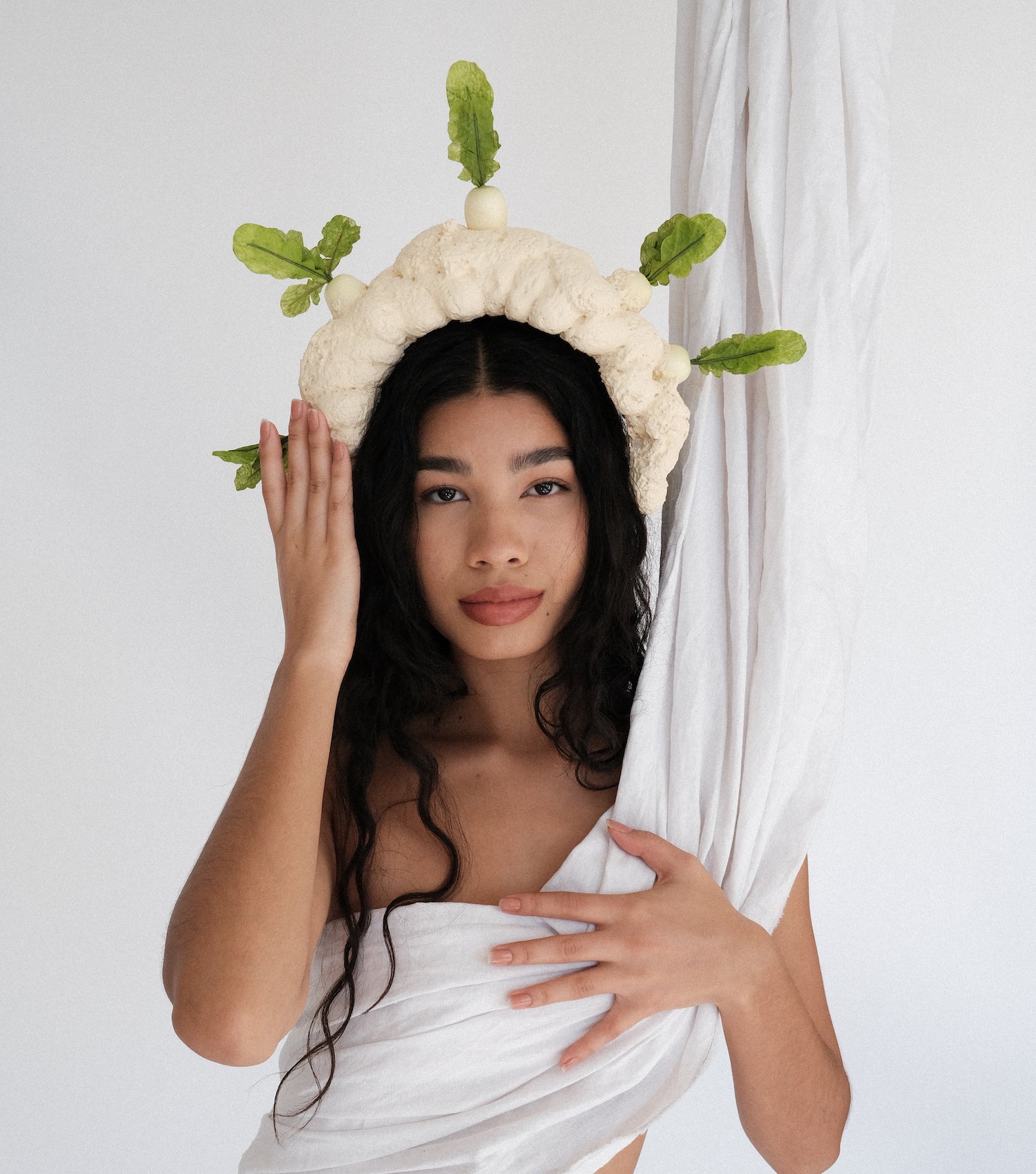 Kathleen, Shop Kathleen, Los Angeles, Sustainable headband, headpiece, bagel headband, 323, 3234u, foam headband, sustainable hat, handmade headband, handmade headpiece, radish headpiece, radish headband
