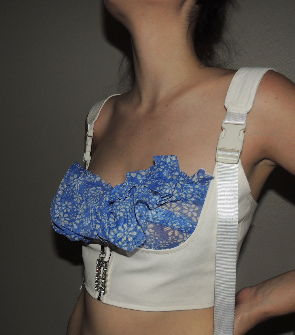 nodress white denim half corset, corset, top, kathleen, shop kathleen