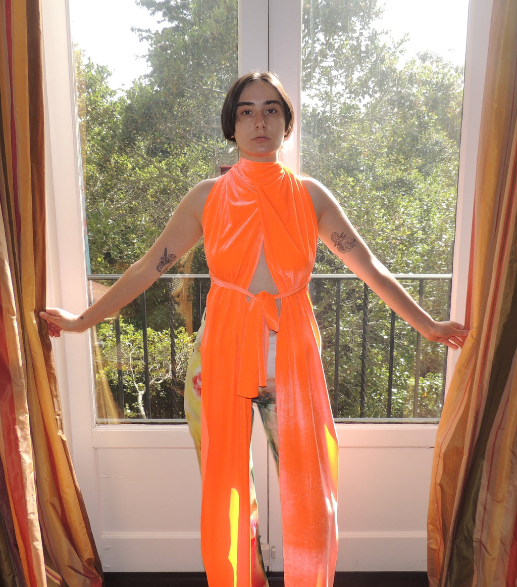 Club Top, Kathleen, Shop Kathleen, Los Angeles, Boutique, Los Angeles Boutique, Small Artist, Independent Artist, Small Batch, Wrap Top, Crop Top, Velvet, Neon Orange, Juicy