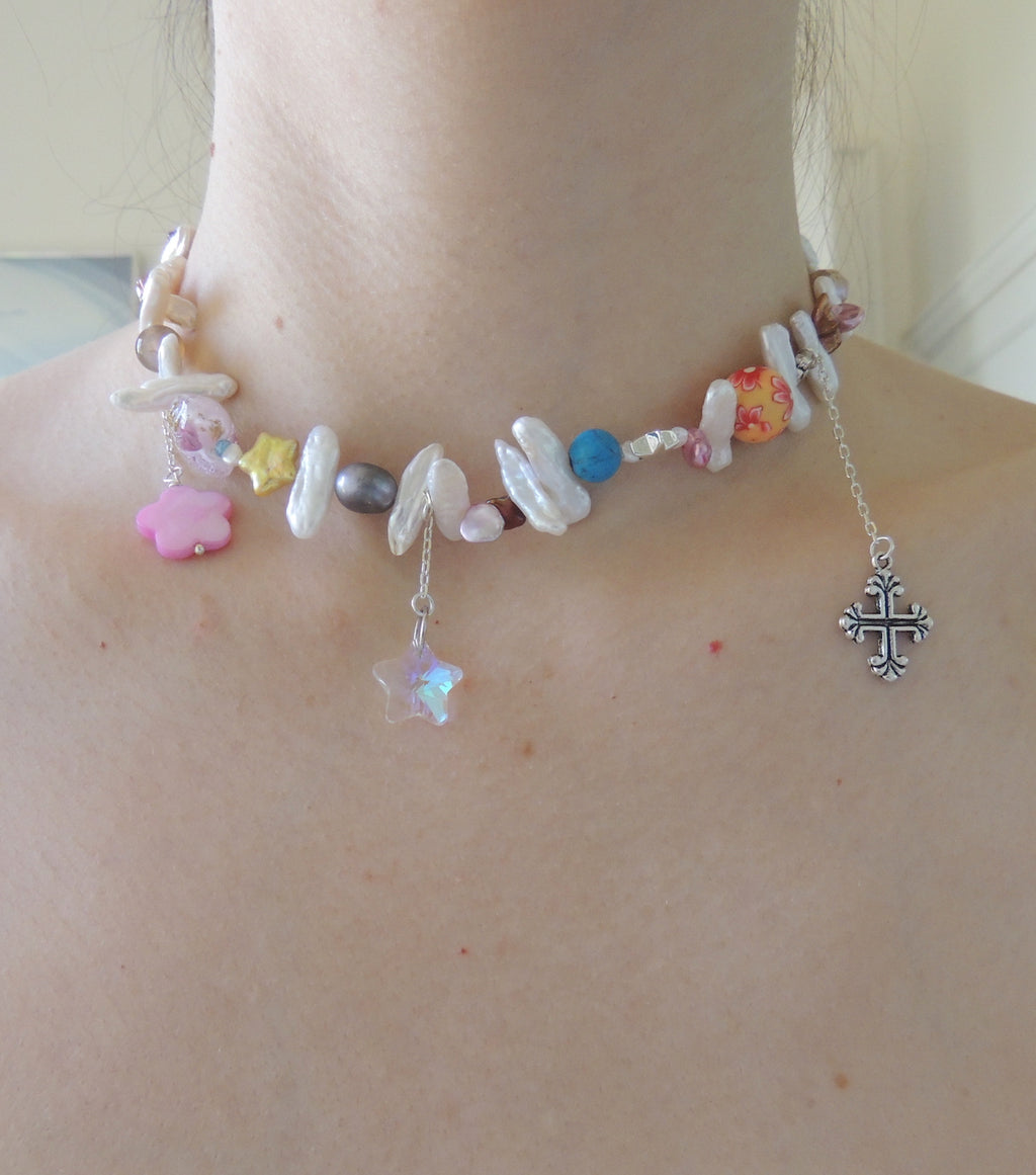 Janky Jewels, Kathleen, Los Angeles, Boutique, New York, Pearl Choker, Kathleen Los Angeles, Handmade, Freshwater pearls, charm necklace, pearl choker, Los Angeles Boutique