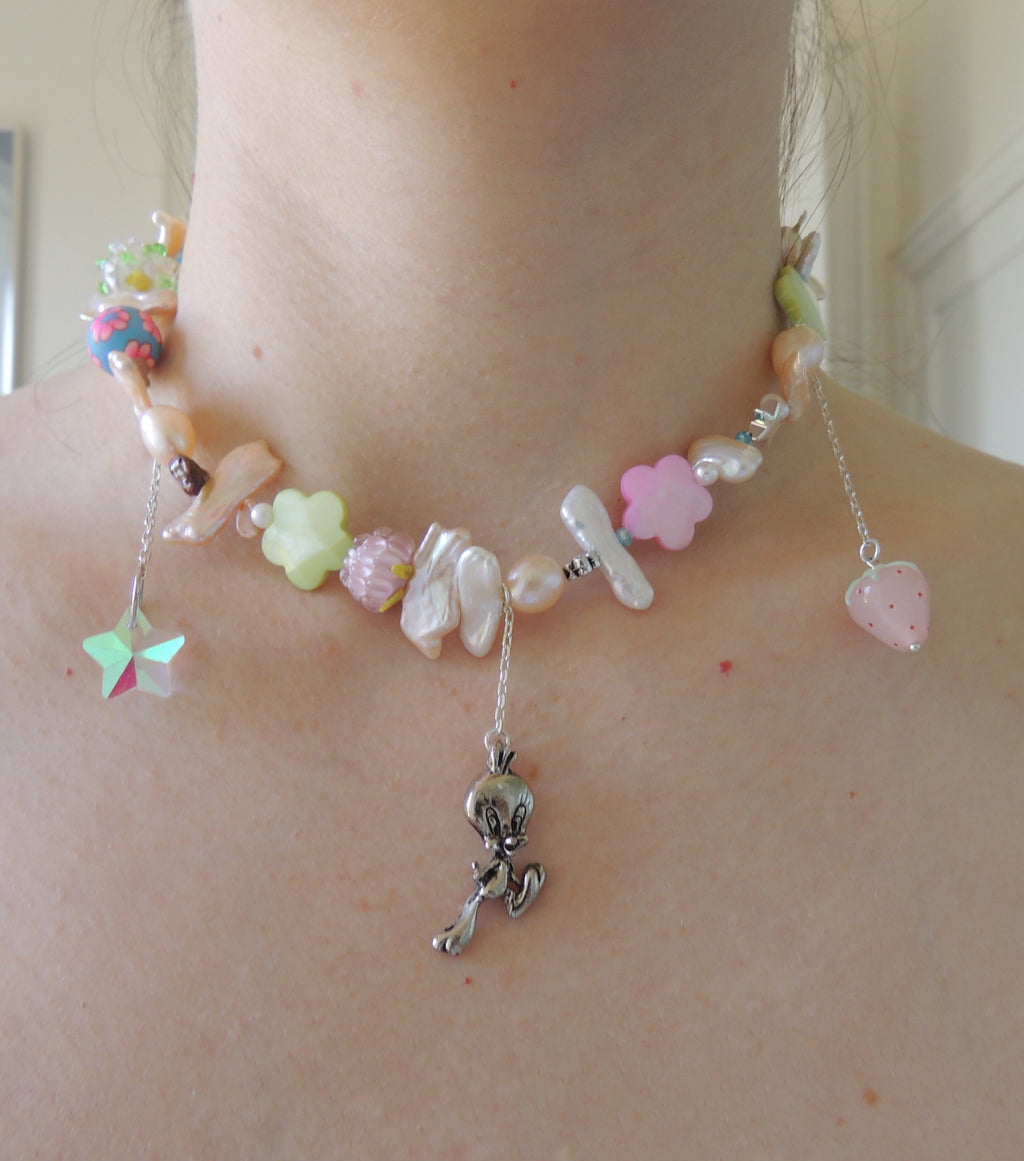 Janky Jewels, Kathleen, Los Angeles, Boutique, New York, Pearl Choker, Kathleen Los Angeles, Handmade, Freshwater pearls, charm necklace, pearl choker, Los Angeles Boutique