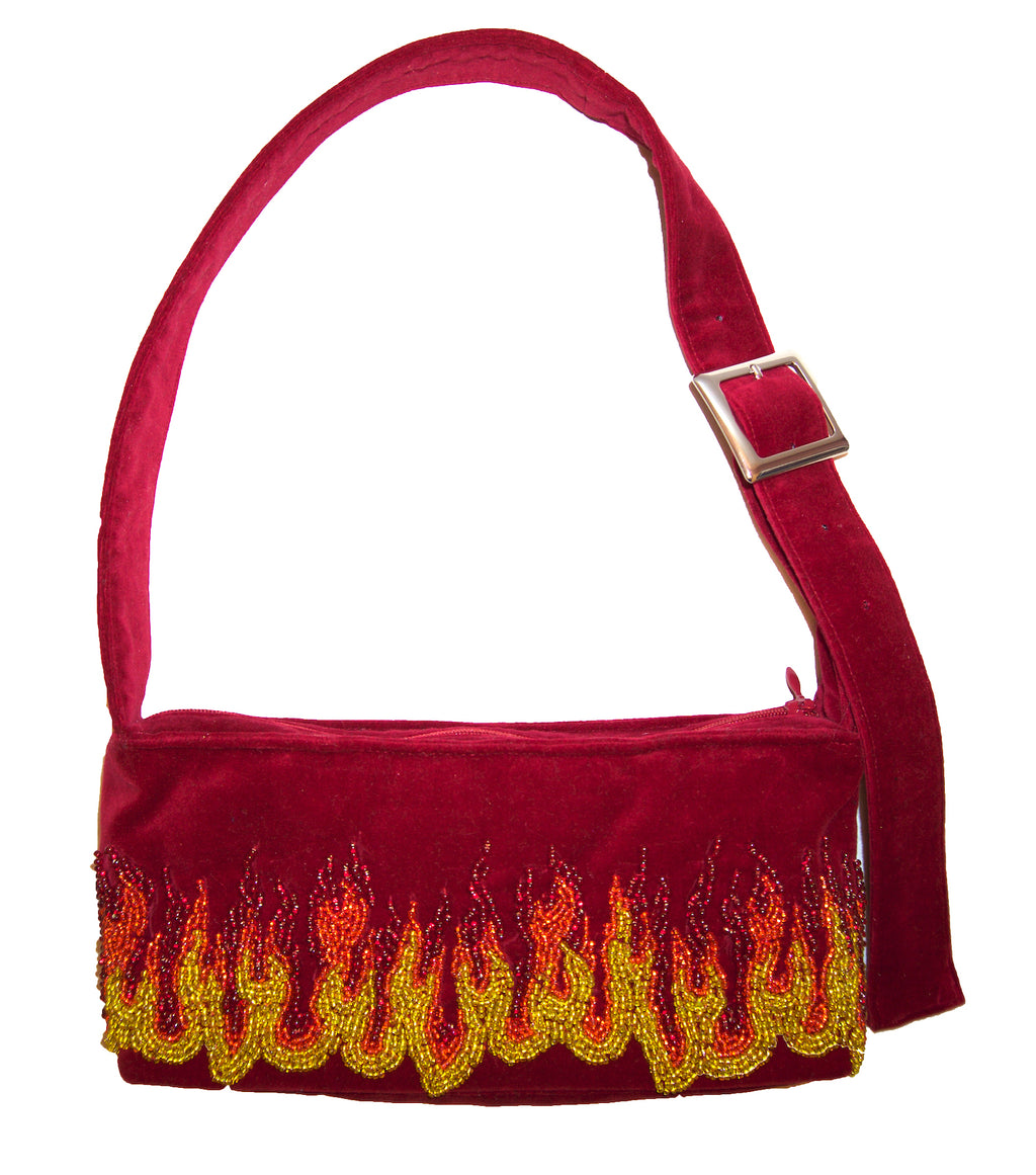 Matilda Aberg, Mini Bag, 90s Handbag, Sustainable Designer, Independent Designer, Stockholm Designer, Independent Fashion, Kathleen, Shop Kathleen, Kathleen Los Angeles, Los Angeles Boutique, Independent Boutique, Crushed Velvet Bag, Red Handbag, Embroidered Bag, Beaded Bag, Flames Handbag, Mini Bag, Recycled Fabric, Upcycled
