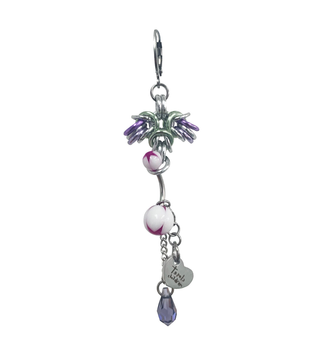 Closet children, earring, earrings, jewelry, made in Singapore, Singapore, handmade, one of a kind, stainless steel, anodized aluminum, titanium, Swarovski, crystal, gem, hoop, pink, purple, aurora lights, Los Angeles, shop Kathleen, Kathleen, lila start earring