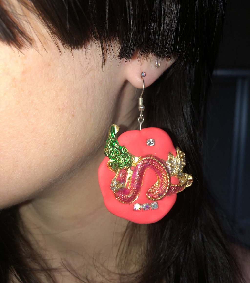 Tati Jewellery, Kathleen, Los Angeles, Dragon, Pink, polymer clay, pink dragon, handmade, earring