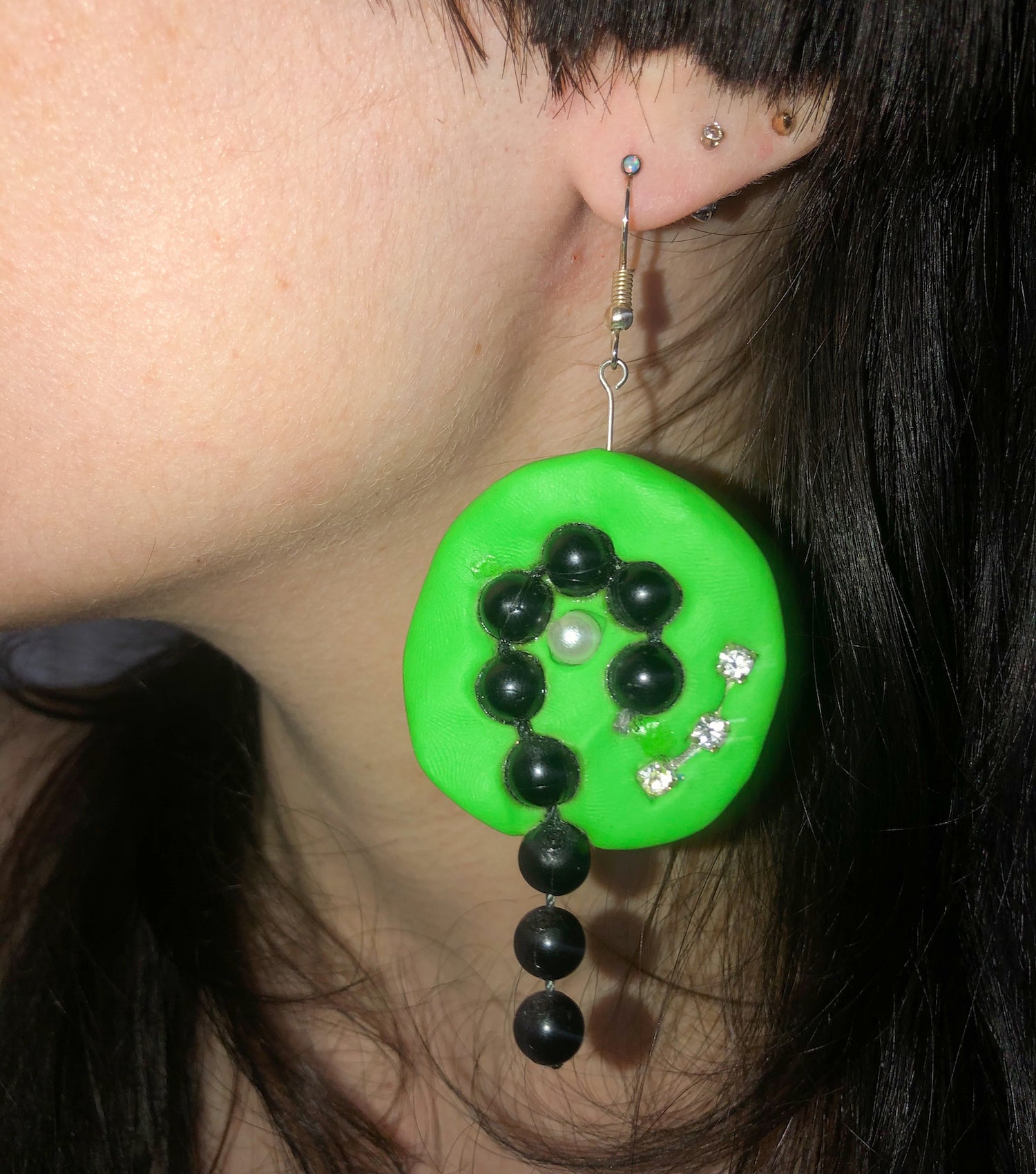 Tati Jewelry, Los Angeles, Kathleen, handmade, polymer clay, beads, green, black, earring