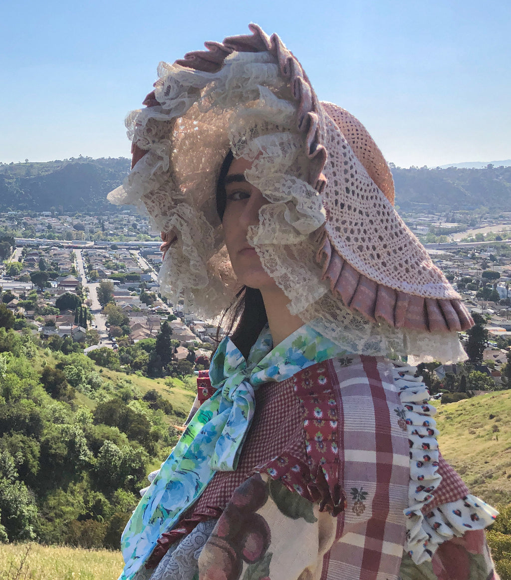 JRAT, Janelle Rabbott, Frilly Hat, Sunhat, Upcycled, Vintage Hat, Sustainable, Bonnet, Kathleen, Shop Kathleen, Boutique, Ugly House on the Prairie, Los Angeles, One of a Kind