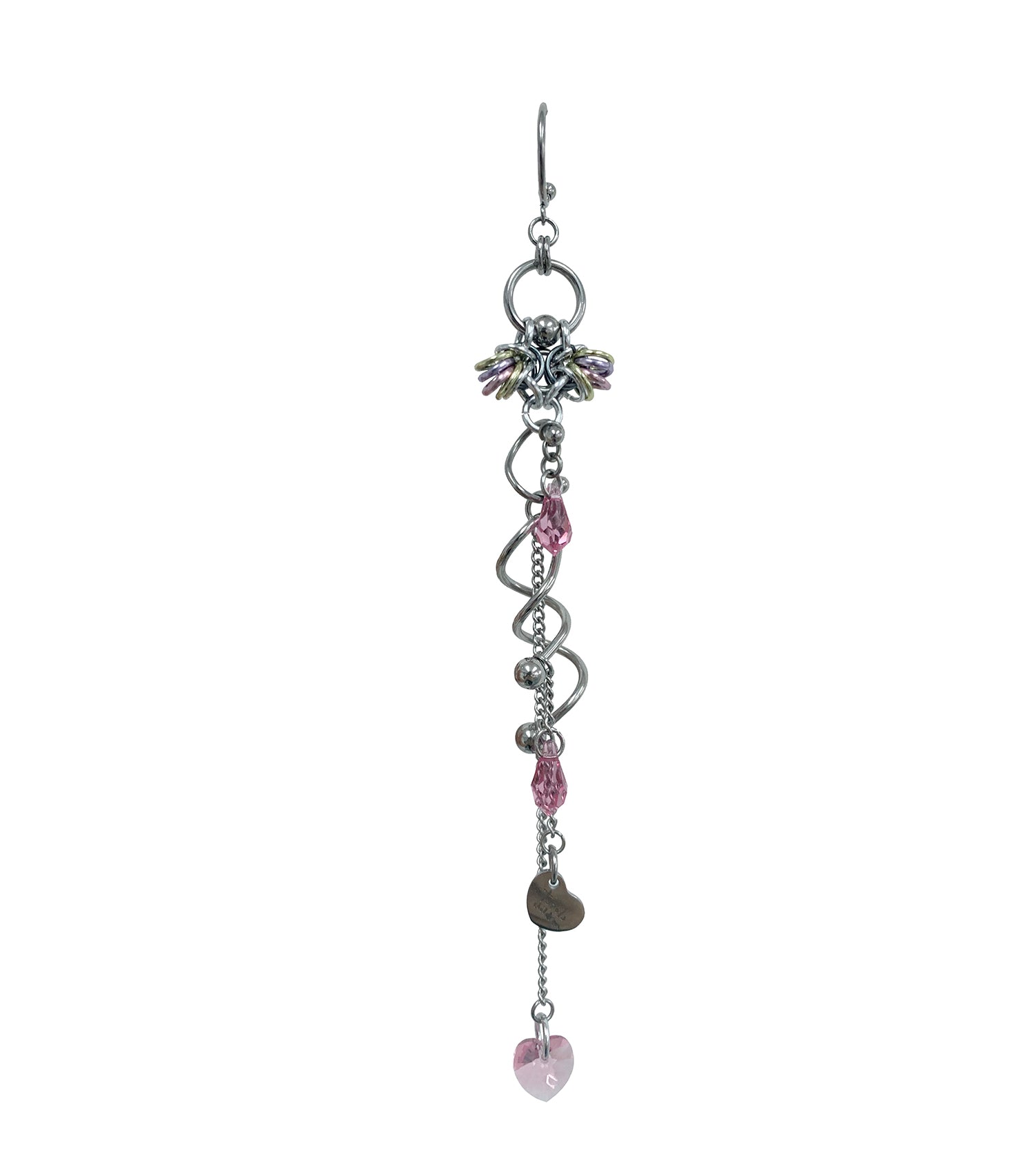 Closet children, earring, earrings, jewelry, made in Singapore, Singapore, handmade, one of a kind, stainless steel, anodized aluminum, titanium, Swarovski, crystal, gem, hoop, pink, purple, aurora lights, Los Angeles, shop Kathleen, Kathleen