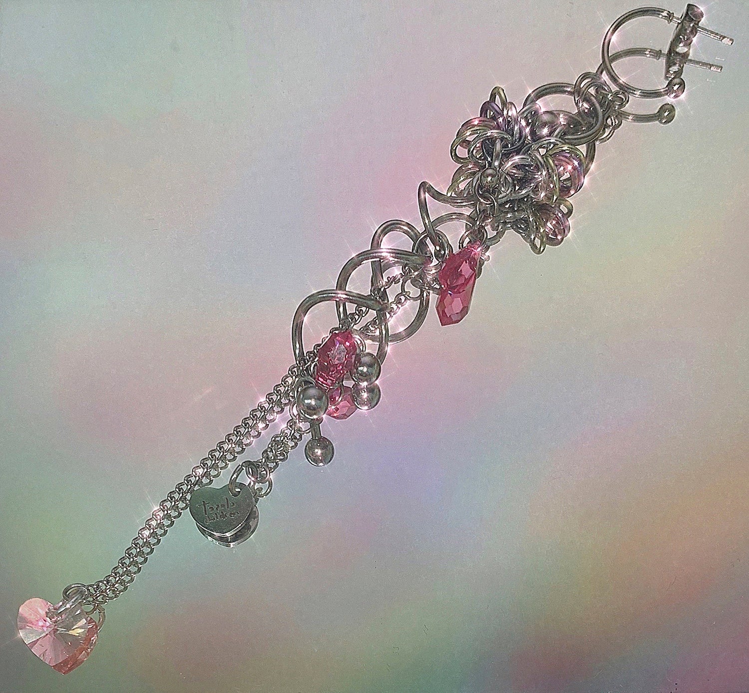 Closet children, earring, earrings, jewelry, made in Singapore, Singapore, handmade, one of a kind, stainless steel, anodized aluminum, titanium, Swarovski, crystal, gem, hoop, pink, purple, aurora lights, Los Angeles, shop Kathleen, Kathleen