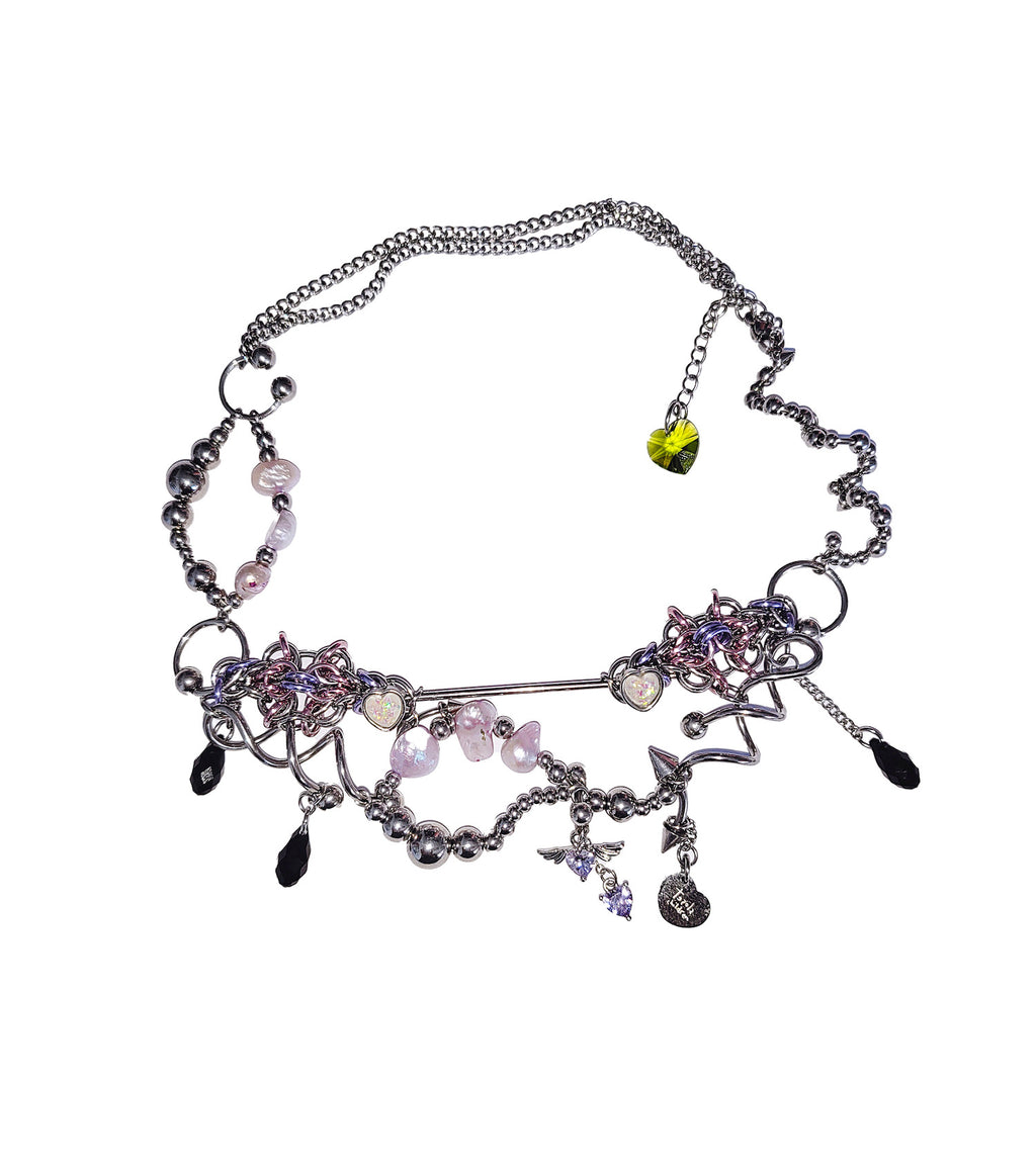 Closet children, necklace, choker, jewelry, made in Singapore, Singapore, handmade, one of a kind, stainless steel, anodized aluminum, titanium, Swarovski, crystal, gem, hoop, pink, purple, aurora lights, Los Angeles, shop Kathleen, Kathleen